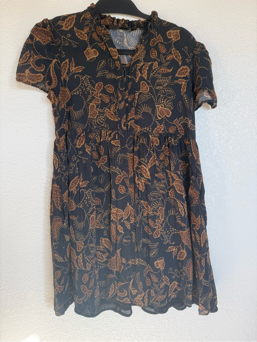 Peruvian Connection Black Mini Dress with Brown Floral Print
